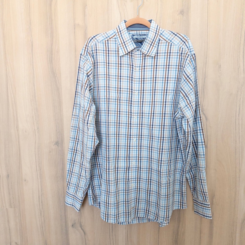 Johnston & Murphy Mens Button Down Shirt L Blue Plaid Tailored Fit Long Sleeve